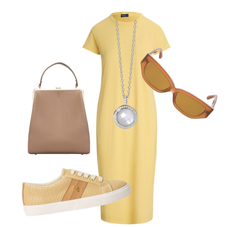 Outfit donna - In città. Stile Chic per Tutti i giorni. Abbinamento con collane, vestiti, sneakers, borse a spalla, occhiali da sole.