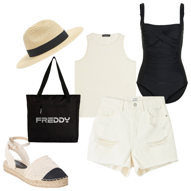Outfit donna - Costume intero. Stile Casual chic per Mare. Abbinamento con costumi interi, shorts, cappelli, espadrillas, shopping bag, canottiere.