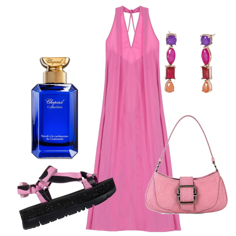 Outfit donna - Disinvolta, pronta per la serata. Stile Glamour per Serata fuori. Abbinamento con profumi, orecchini, vestiti lunghi, borse a spalla, sandali.