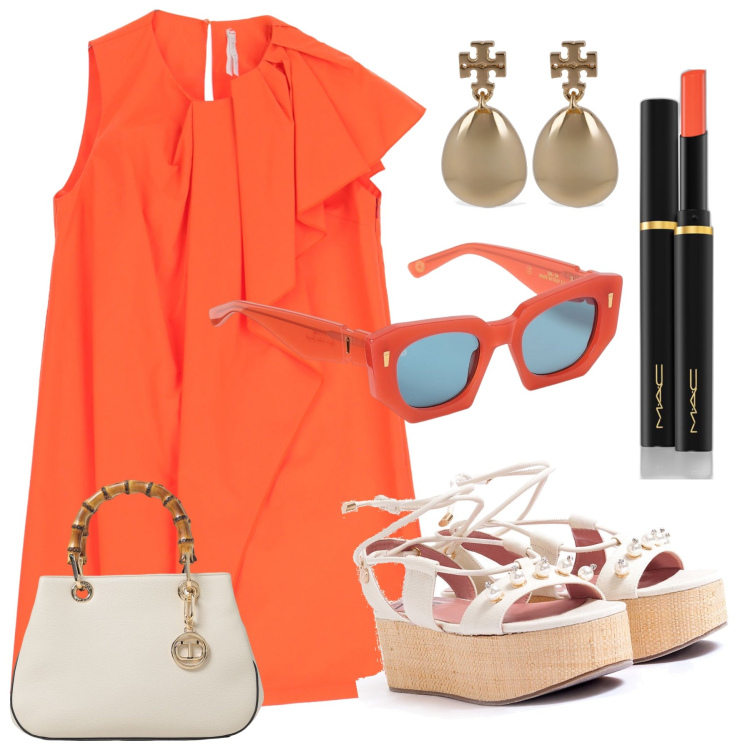 Outfit donna - Arancione vitaminico. Stile Glamour per Tutti i giorni. Abbinamento con rossetti, sandali col tacco, vestiti corti, orecchini, borse a mano, occhiali da sole.