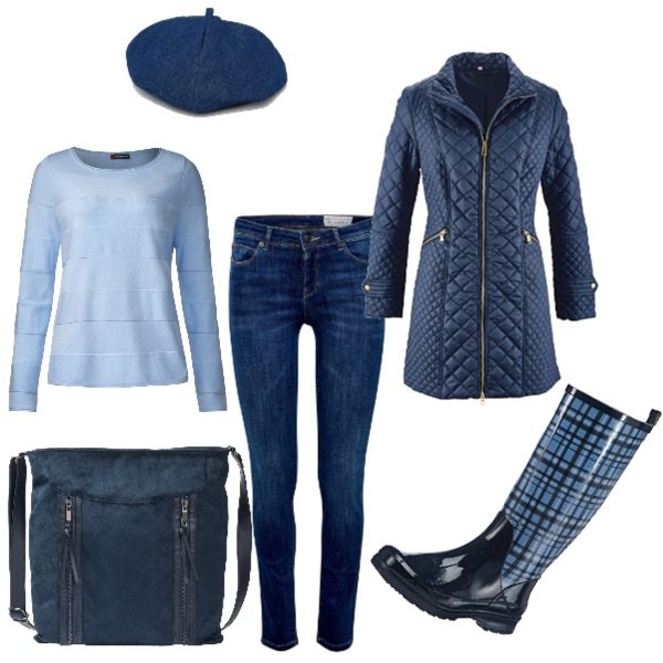 Outfit donna - Urban #8480. Stile Urban per Scuola/Università. Abbinamento con blazer, borsa a tracolla contrasto con zip blu, stivaletti blu, maglione blu, jeans slim fit blu, cappello in denim.