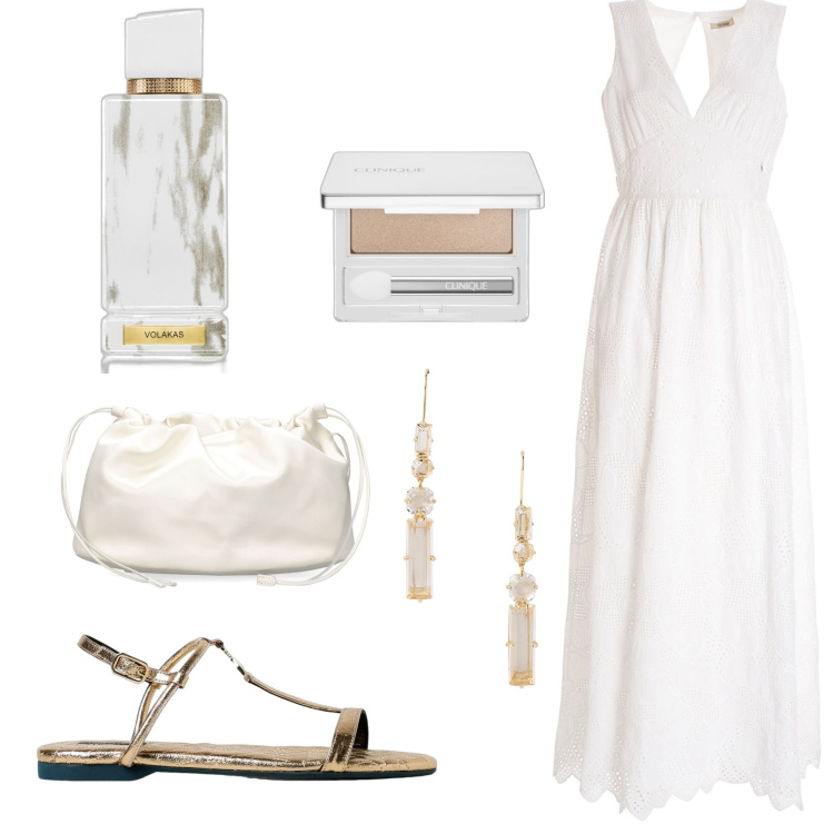 Outfit donna - Stile bohemien. Stile Boho per Serata fuori. Abbinamento con ombretti, profumi, vestiti lunghi, orecchini, sandali in pelle, pochette.