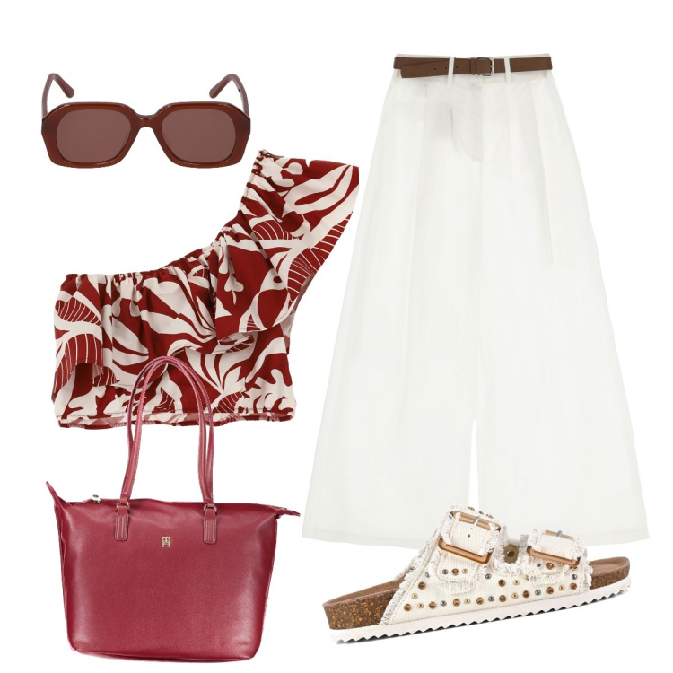Outfit donna - Total look #1919234. Stile Minimal per Tutti i giorni. Abbinamento con pantaloni a palazzo, top, sandali, occhiali da sole, borse a spalla.