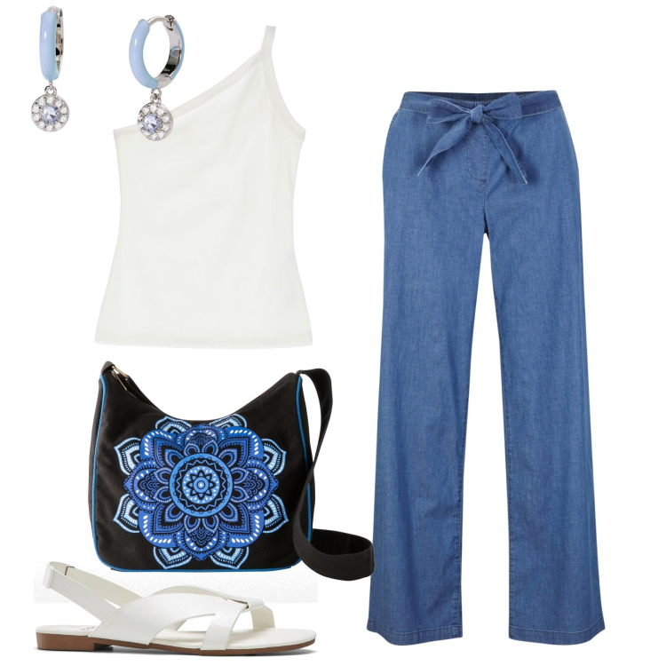 Outfit donna - Molto semplice. Stile Bon Ton per Tutti i giorni. Abbinamento con sandali, pantaloni, borse a tracolla, orecchini, top.