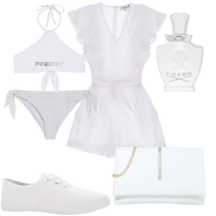 Outfit donna - In spiaggia total white. Stile Basic per Mare. Abbinamento con sneakers, profumi, vestiti corti, pochette, bikini, bikini.
