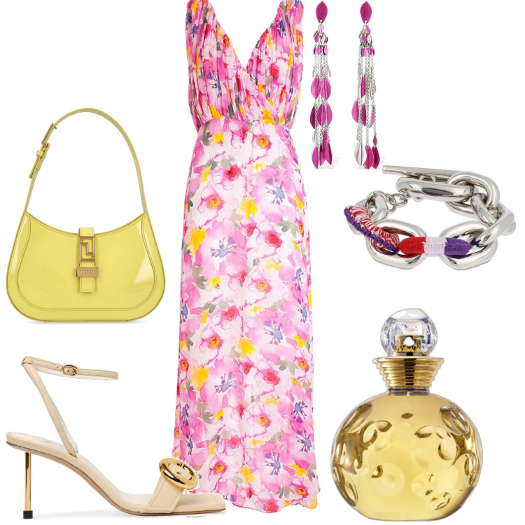 Outfit donna - Incarna lo spirito Dior. Stile Chic per Tutti i giorni. Abbinamento con profumi, vestiti lunghi, orecchini, braccialetti, sandali in pelle, borse a spalla.