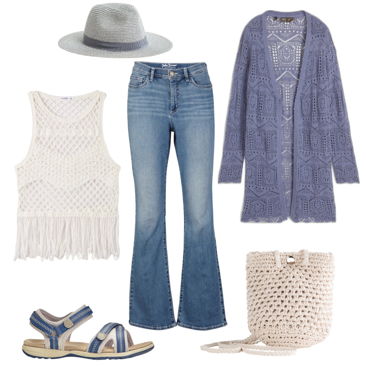 Outfit donna - Boho denim, paglia, crochet. Stile Boho per Tutti i giorni. Abbinamento con cardigans, sandali, jeans bootcut, borse a tracolla, cappelli, top.