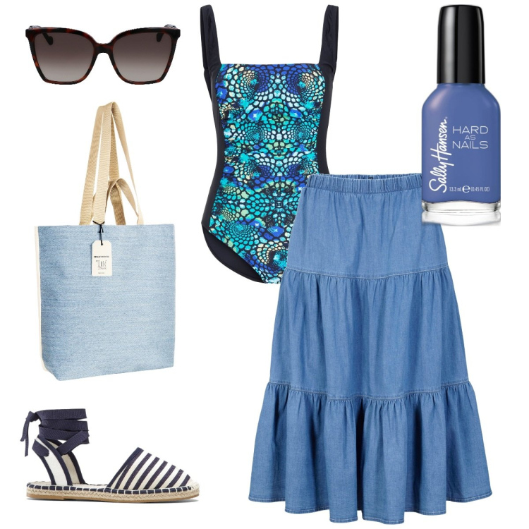 Outfit donna - Marina. Stile Basic per Mare. Abbinamento con gonne longuette, costumi interi, espadrillas, smalti, borse tote, occhiali da sole.