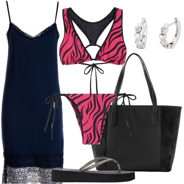 Outfit donna - Costume zebrato. Stile Casual per Mare. look ideale per Petite. Abbinamento con shopping bag, orecchini, vestiti midi/longuette, bikini, bikini, sandali.