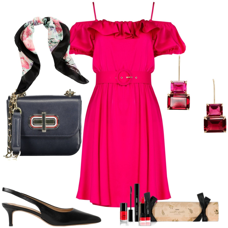 Outfit donna - Total look #1919287. Stile Casual chic per Serata fuori. Abbinamento con rossetti, vestiti midi/longuette, orecchini, foulard, scarpe col tacco, borse a spalla.