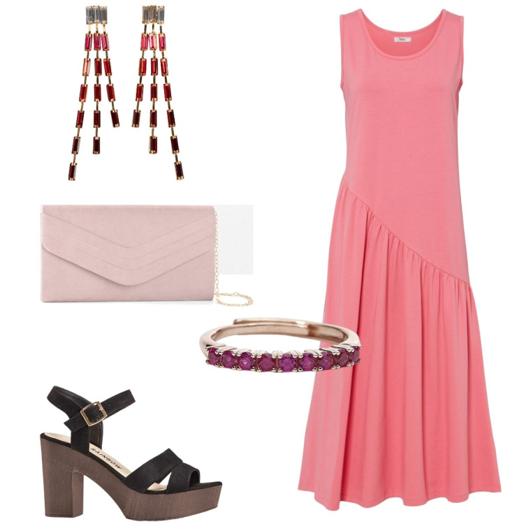 Outfit donna - Lady in pink. Stile Bon Ton per Serata fuori. Abbinamento con pochette, orecchini, vestiti asimmetrici, sandali col tacco, anelli.