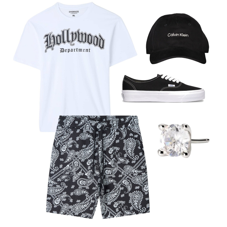 Outfit uomo - Outfit estivo. Stile Casual per Tutti i giorni. Abbinamento con orecchini, t-shirt, bermuda, sneakers, cappelli con visiera.