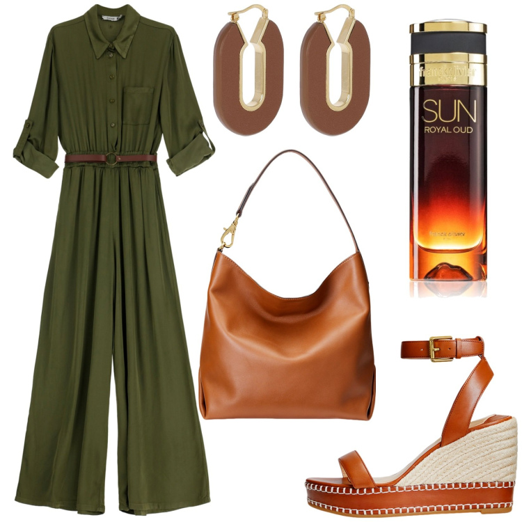 Outfit donna - Total look #1919305. Stile Military per Tutti i giorni. Abbinamento con profumi, tute, borse a spalla, espadrillas, orecchini.