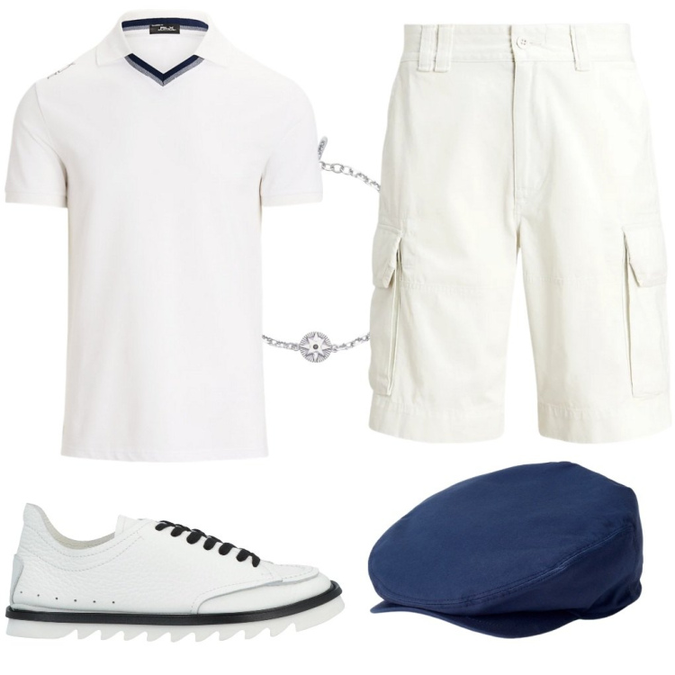 Outfit uomo - Carlos: in coppola Wimbledon. Stile Casual per Tutti i giorni. Abbinamento con sneakers, braccialetti, cappelli, shorts, polo.
