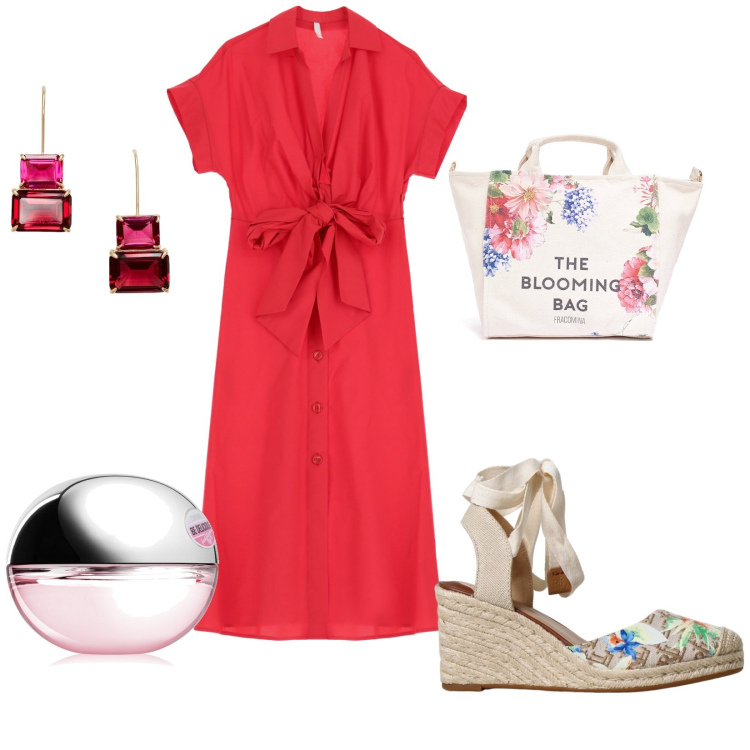Outfit donna - Abito rosso e zeppe in paglia. Stile Romantica per Tutti i giorni. Abbinamento con profumi, borse tote, vestiti midi/longuette, orecchini, zeppe.