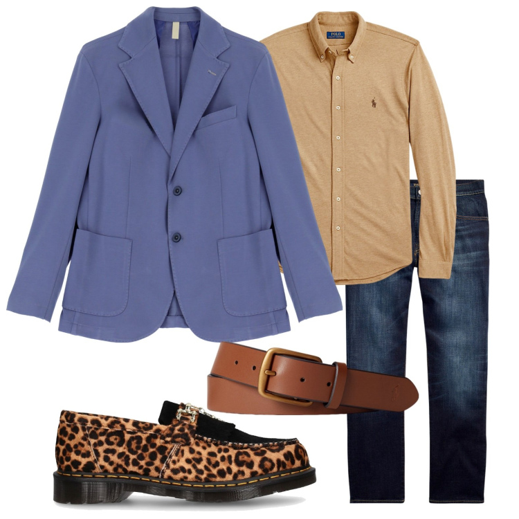 Outfit uomo - Accessorio maculato. Stile Casual per Tutti i giorni. Abbinamento con giacche, jeans dritti, camicie, cinture, scarpe stringate.
