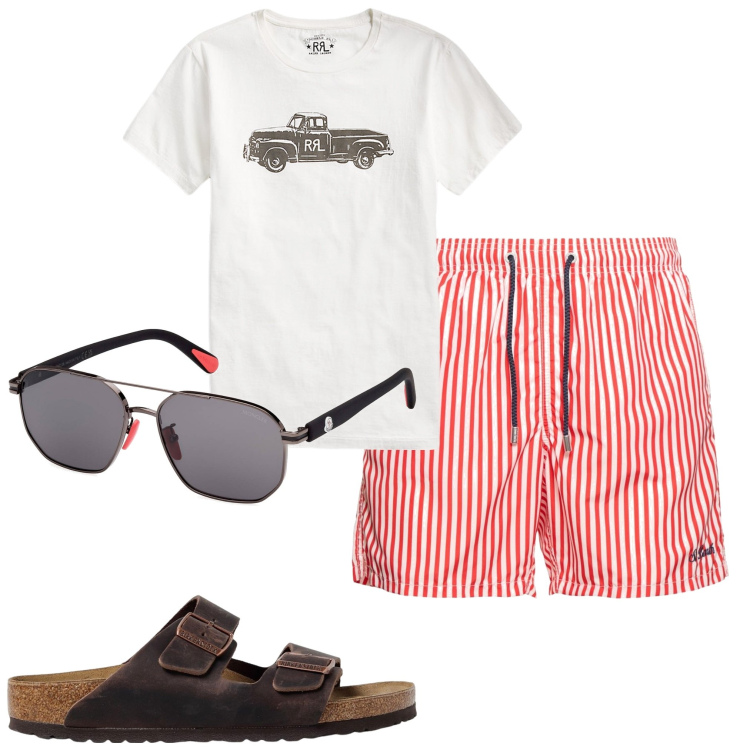Outfit uomo - In vacanza. Stile Casual per Tutti i giorni. Abbinamento con t-shirt, occhiali da sole, shorts, sandali.