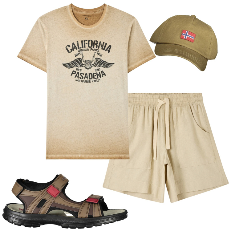 Outfit uomo - In vacanza. Stile Casual per Tutti i giorni. Abbinamento con bermuda, t-shirt, sandali, cappelli con visiera.