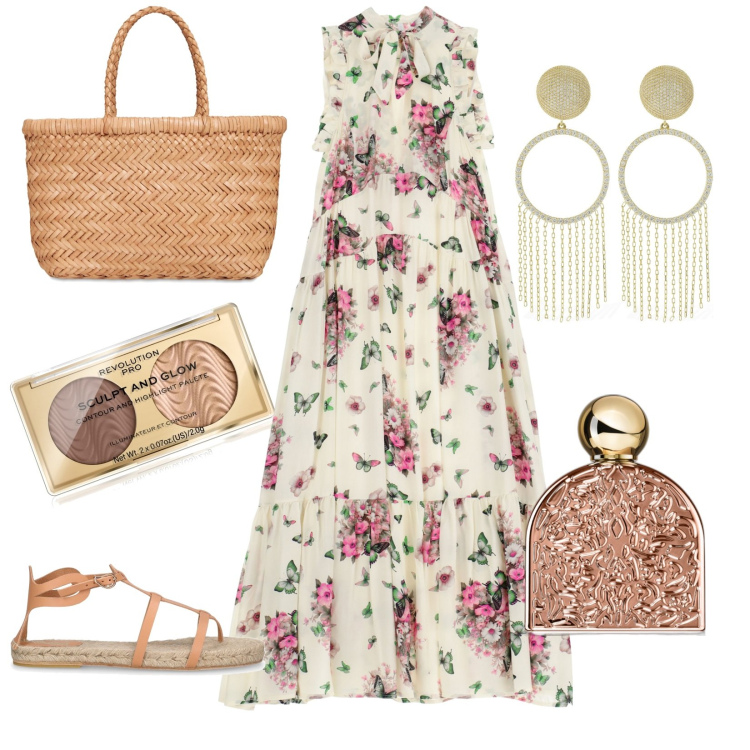 Outfit donna - Abito a fiori bohemien. Stile Boho per Tutti i giorni. Abbinamento con profumi, blush, vestiti lunghi, sandali in pelle, borse a spalla, orecchini.
