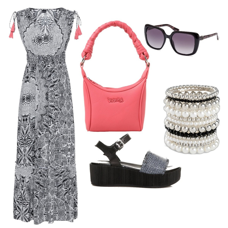 Outfit donna - Nappine a contrasto. Stile Boho per Tutti i giorni. Abbinamento con braccialetti, vestiti lunghi, sandali, occhiali da sole, borse a spalla.