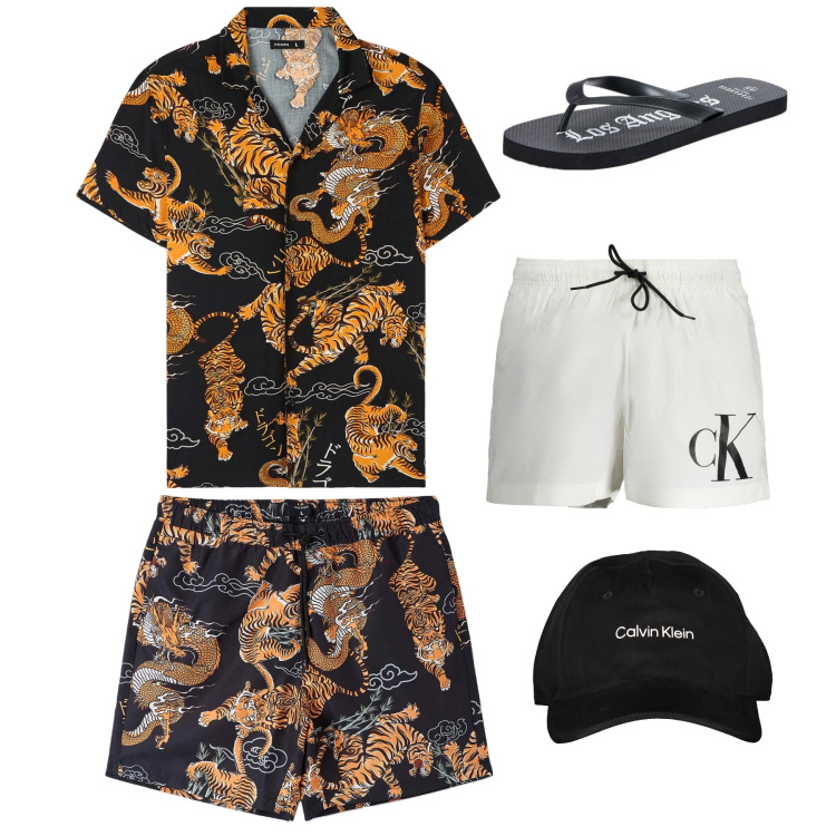 Outfit uomo - Outfit estivo. Stile Casual per Mare. Abbinamento con sandali, bermuda, camicie a manica corta, cappelli con visiera, costumi.