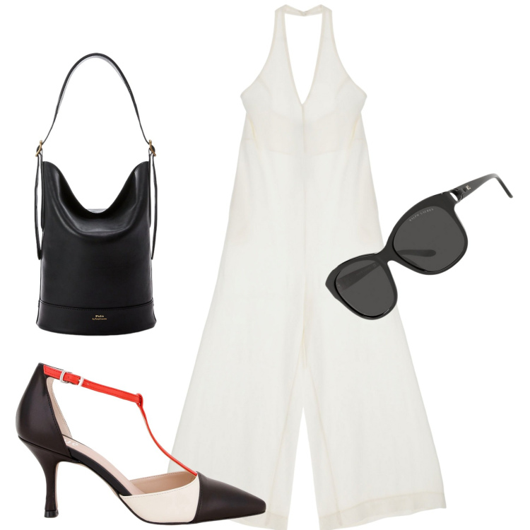 Outfit donna - In saldo. Stile Glamour per Serata fuori. Abbinamento con tute, sandali col tacco, borse a secchiello, occhiali da sole.