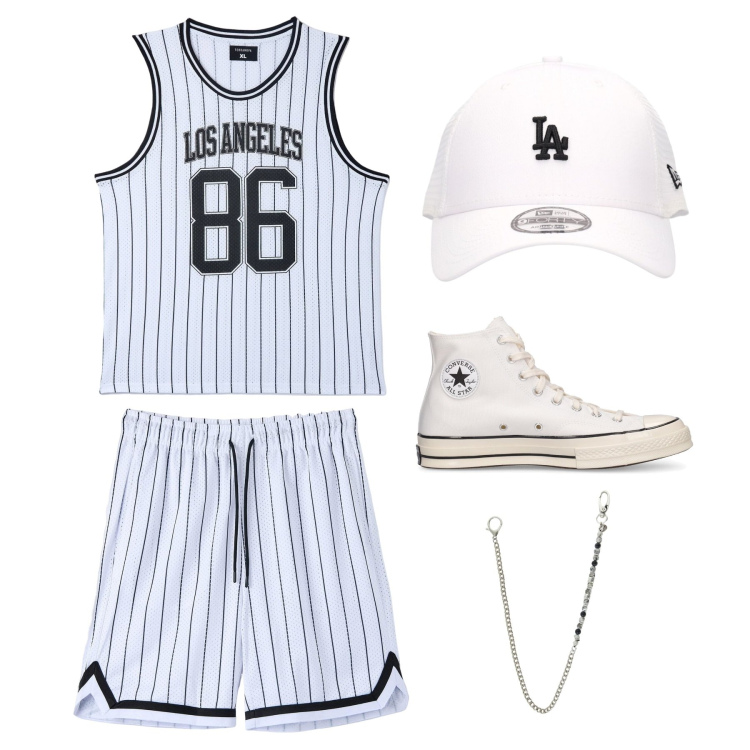 Outfit uomo - Outfit estivo. Stile Casual per Tutti i giorni. Abbinamento con collane, bermuda, canottiere, sneakers, cappelli.