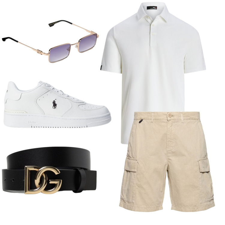 Outfit uomo - Outfit per una festa. Stile Casual per Serata speciale. Abbinamento con sneakers, polo, occhiali da sole, shorts, cinture.