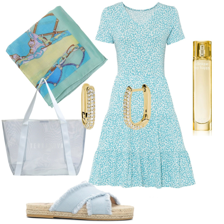 Outfit donna - Total look #1919381. Stile Casual per Tutti i giorni. Abbinamento con vestiti, ciabatte, profumi, shopping bag, orecchini, foulard.