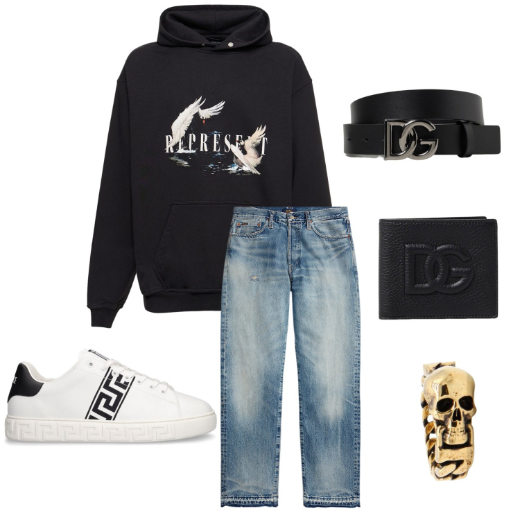 Outfit uomo - Outfit invernale. Stile Casual per Tutti i giorni. Abbinamento con jeans dritti, felpe con cappuccio, anelli, cinture, sneakers, portafogli.