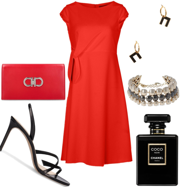 Outfit donna - Eventi serali. Stile Chic per Serata fuori. Abbinamento con profumi, vestiti midi/longuette, collane, sandali in pelle, orecchini, pochette.