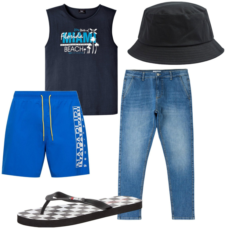 Outfit uomo - Mare. Stile Casual per Tutti i giorni. Abbinamento con canottiere, sandali, jeans skinny, cappelli, costumi.