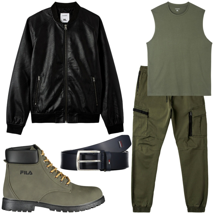 Outfit uomo - Top gun. Stile Casual per Tutti i giorni. Abbinamento con t-shirt, bomber, pantaloni cargo, stivali, cinture.