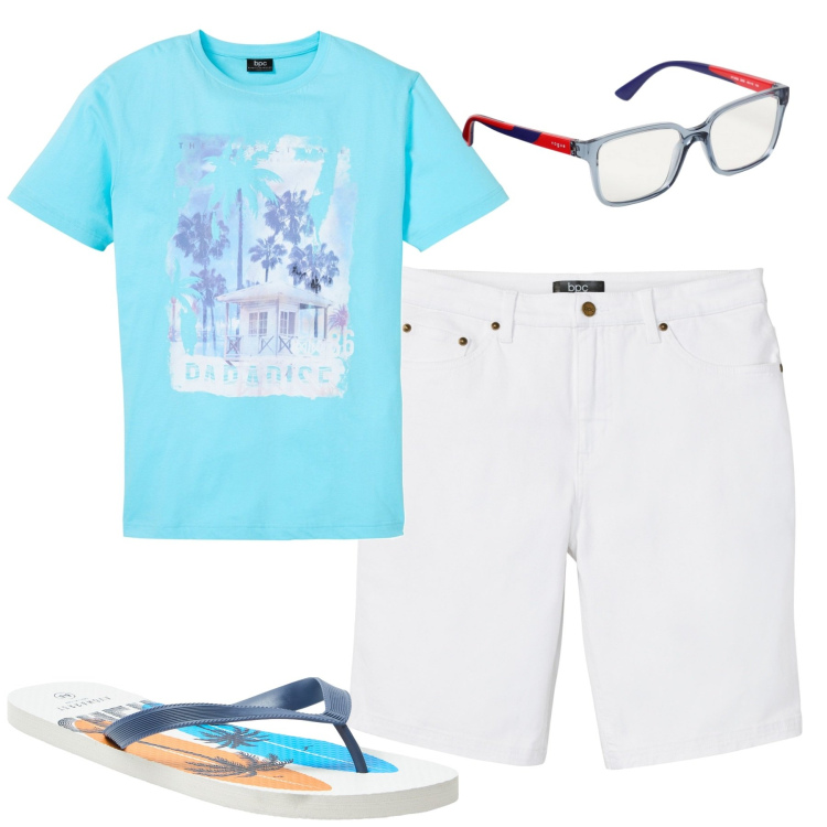 Outfit uomo - Total look #1919414. Stile Casual per Tutti i giorni. Abbinamento con bermuda, t-shirt, sandali, occhiali.