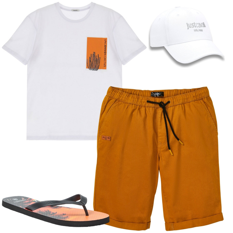 Outfit uomo - Total look #1919415. Stile Casual per Tutti i giorni. Abbinamento con bermuda, sandali, t-shirt, cappelli con visiera.