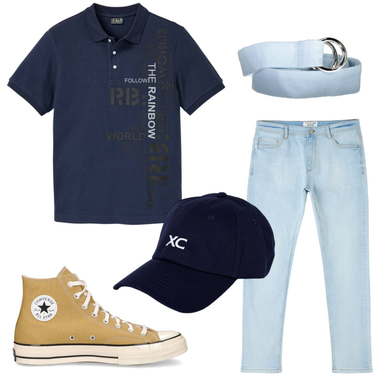 Outfit uomo - Tempo libero. Stile Casual per Tutti i giorni. Abbinamento con polo, jeans skinny, sneakers, cinture, cappelli.