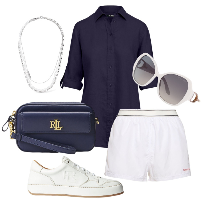 Outfit donna - Ghost outfitter - luglio. Stile Sporty chic per Tutti i giorni. Abbinamento con occhiali da sole, pochette, sneakers, camicie, shorts, collane.