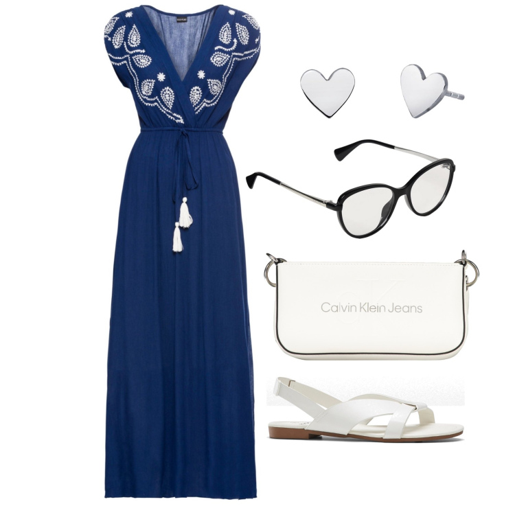 Outfit donna - Ghost outfitter - luglio. Stile Boho per Tutti i giorni. Abbinamento con vestiti lunghi, sandali, orecchini, borse a spalla, occhiali.
