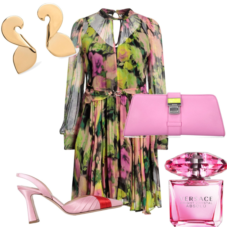 Outfit donna - Total look per cerimonia. Stile Glamour per Cerimonia. Abbinamento con vestiti corti, profumi, pochette, décolleté, orecchini.