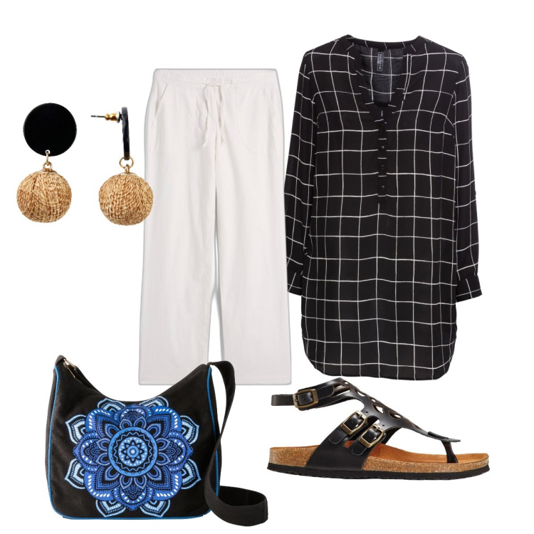 Outfit donna - Total look #1919459. Stile Bon Ton per Ufficio. Abbinamento con bluse, pantaloni a palazzo, sandali in pelle, orecchini, borse a tracolla.