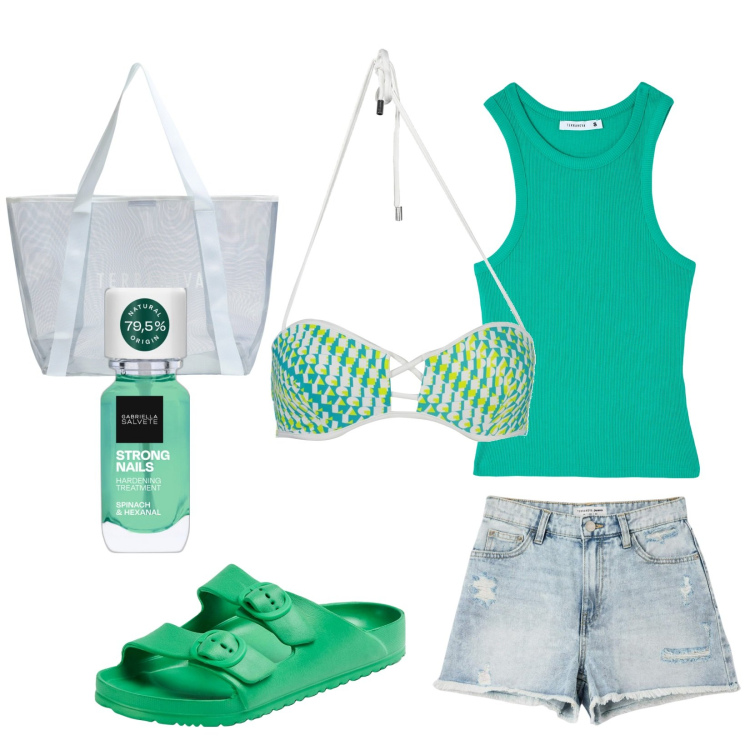 Outfit donna - Speranza mare. Stile Trendy per Mare. Abbinamento con smalti, shorts, sandali in pelle, canottiere, shopping bag, costumi.