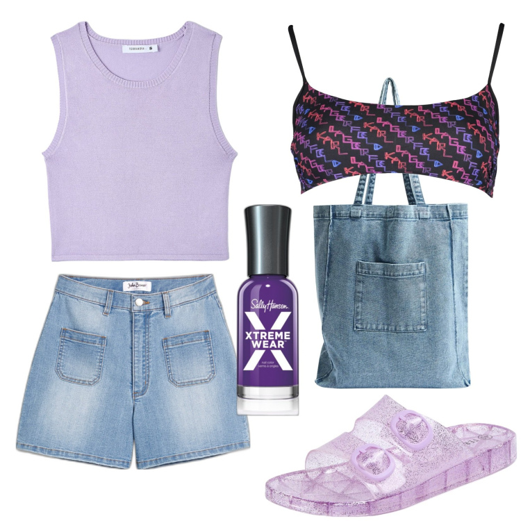 Outfit donna - Total look #1919478. Stile Casual per Mare. Abbinamento con shorts, smalti, ciabatte, top, shopping bag, costumi.