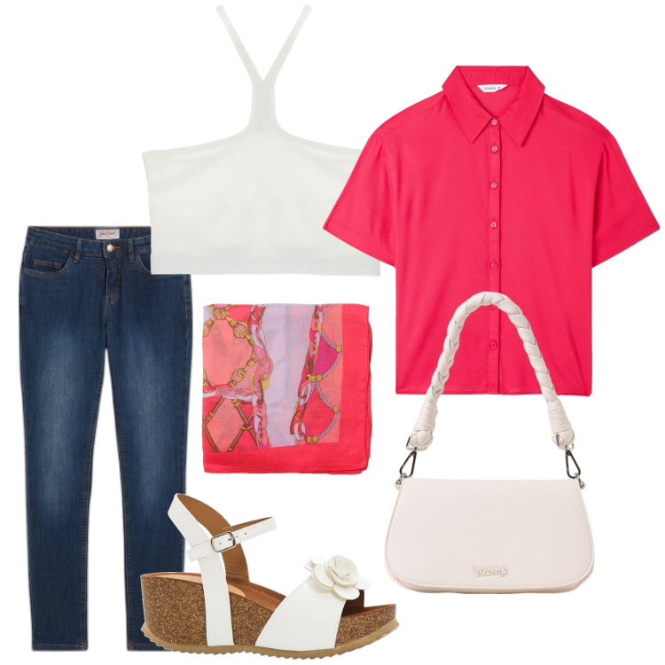 Outfit donna - Total look #1919485. Stile Casual per Tutti i giorni. Abbinamento con jeans skinny, sandali, camicie a manica corta, top, borse a spalla, foulard.