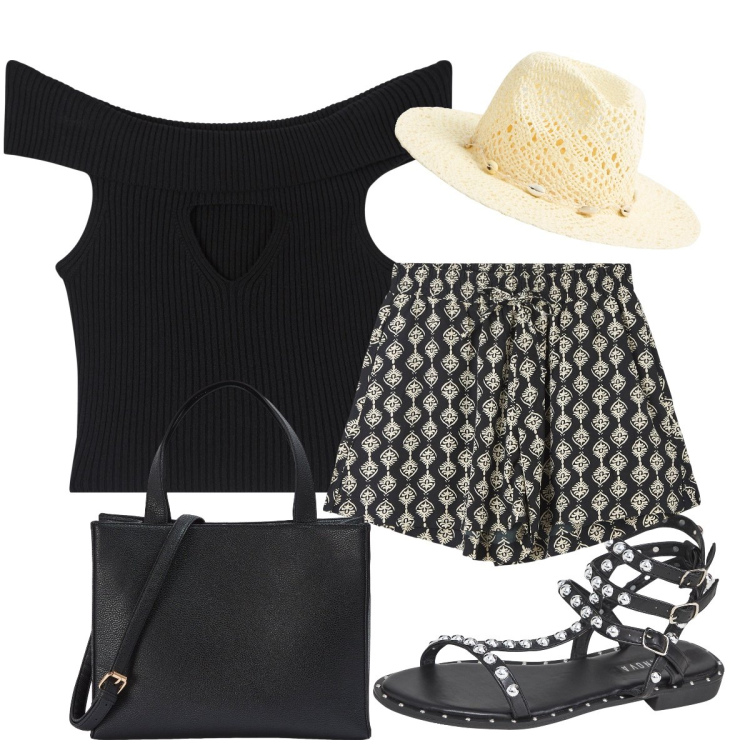 Outfit donna - Total look #1919500. Stile Casual per Tutti i giorni. Abbinamento con shorts, top, sandali, shopping bag, cappelli.