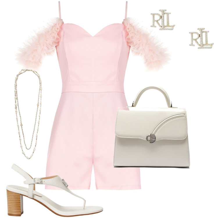 Outfit donna - La tutina rosa. Stile Romantica per Serata fuori. Abbinamento con tuta corta, orecchini, sandali in pelle, borse a mano, collane.