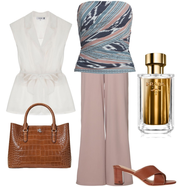 Outfit donna - La borsa stile coccodrillo. Stile Bon Ton per Ufficio. Abbinamento con profumi, gilet, top, sandali in pelle, borse a mano, pantaloni.