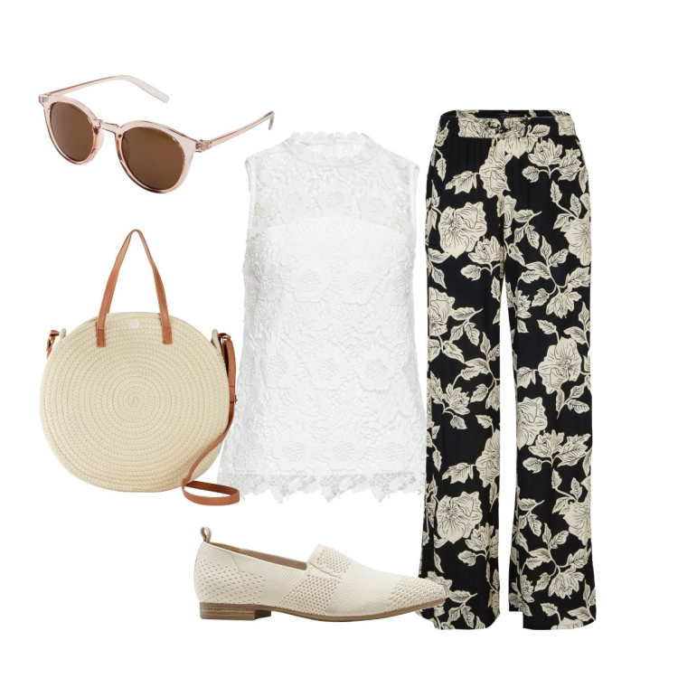 Outfit donna - Total look #1919507. Stile Bon Ton per Tutti i giorni. Abbinamento con pantaloni a palazzo, top, mocassini, borse a tracolla, occhiali da sole.