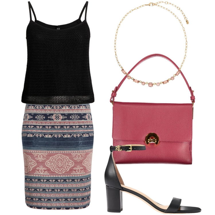 Outfit donna - La gonna a fantasia. Stile Bon Ton per Serata fuori. Abbinamento con sandali in pelle, gonne, canottiere, collane, borse a spalla.
