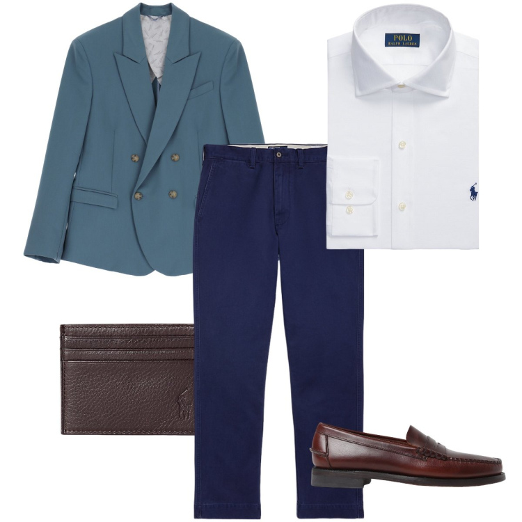 Outfit uomo - Il pantalone blu. Stile Business/Elegante per Cerimonia. Abbinamento con giacche, portafogli, pantaloni chino, camicie, scarpe stringate.