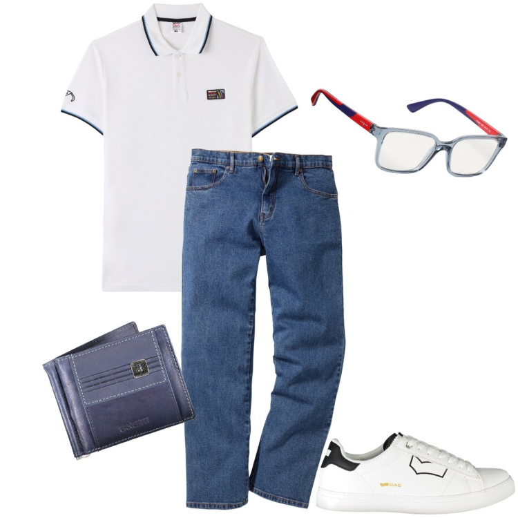 Outfit uomo - In ufficio casual. Stile Urban per Ufficio. Abbinamento con jeans dritti, polo, portafogli, sneakers, occhiali.